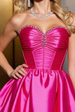 Strapless Fuchsia Satin Homecoming Dress with Beading