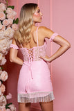 Pink Fringed Corset Homecoming Dress with Appliques