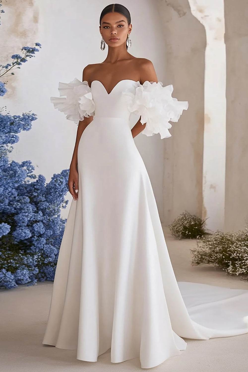Off The Shoulder A Line Ivory Ruffled Wedding Dress