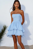 Strapless Ruffle A Line Sky Blue Graduation Dress