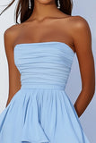 Strapless Ruffle A Line Sky Blue Graduation Dress