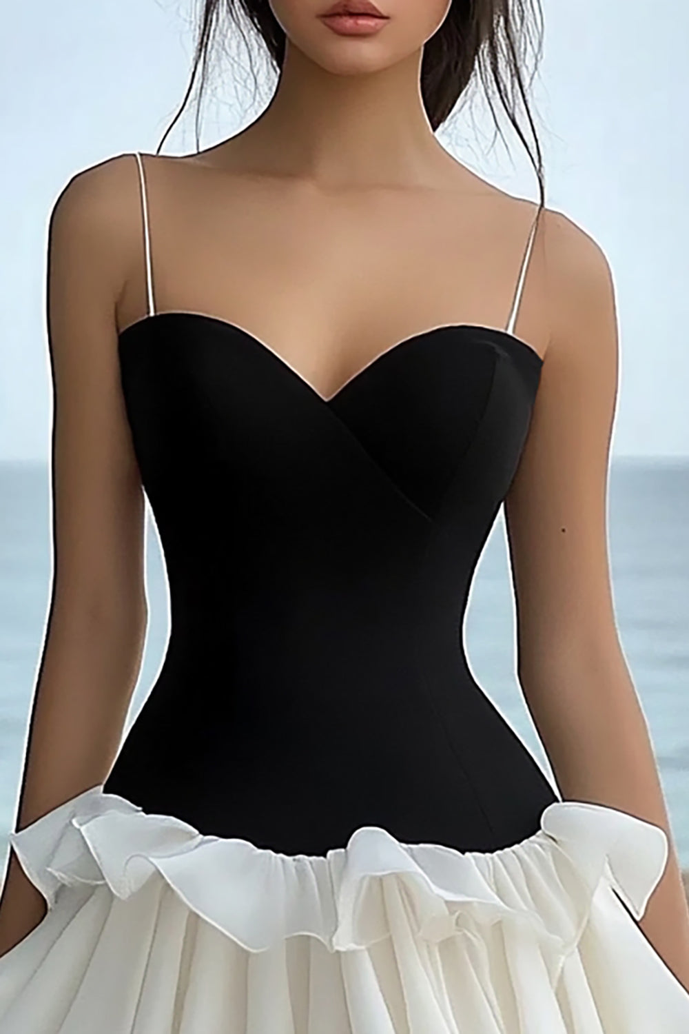 Chic Black White Sweetheart Ruffled Graduation Dress