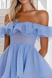 Off the Shoulder Ruffle Blue Graduation Dress