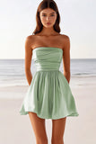 Green Strapless Satin A Line Graduation Dress