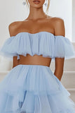 Off The Shoulder Two Pieces Blue High-Low Graduation Dress