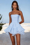 Strapless Blue A Line Ruched Graduation Dress