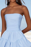 Strapless Blue A Line Ruched Graduation Dress