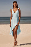 Blue A Line Asymmetrical Chiffon Graduation Dress