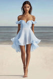 Off The Shoulder Blue A Line Graduation Dress with Ruffles