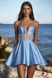Satin Blue A Line Graduation Dress with Appliques