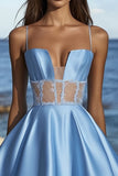 Satin Blue A Line Graduation Dress with Appliques