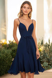 Navy A Line Ruffled Graduation Dress with Bow