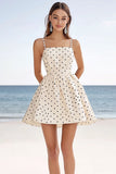 Polka Dots Ivory Spaghetti Straps A Line Graduation Dress