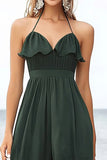 Dark Green Halter A Line Chiffon Graduation Dress