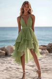 Green Ruffled Tiered A Line Graduation Dress