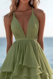 Green Ruffled Tiered A Line Graduation Dress