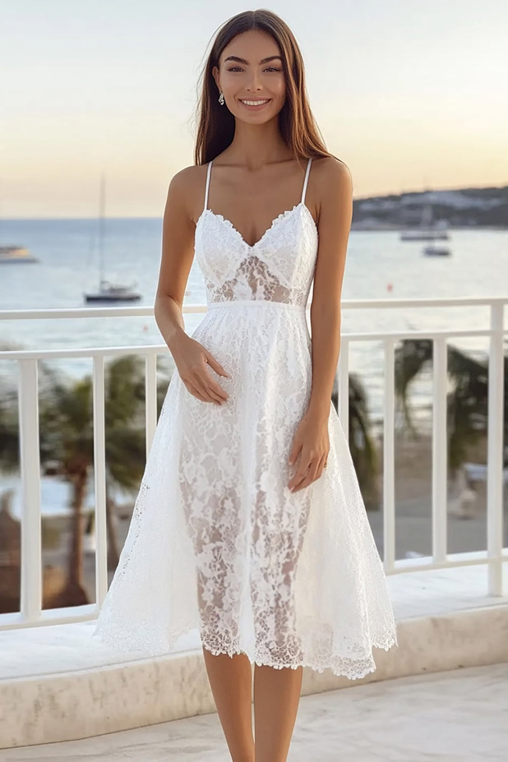 White A Line Spaghetti Straps Lace Graduation Dress