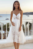 White A Line Spaghetti Straps Lace Graduation Dress
