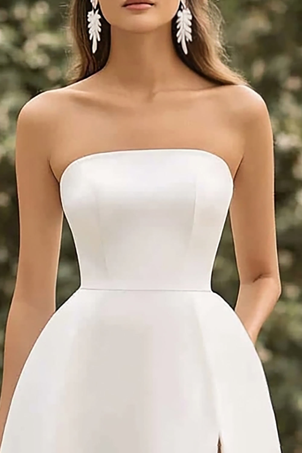 Strapless A Line Satin White Graduation Dress With Slit