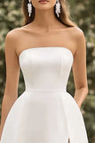 Strapless A Line Satin White Graduation Dress With Slit