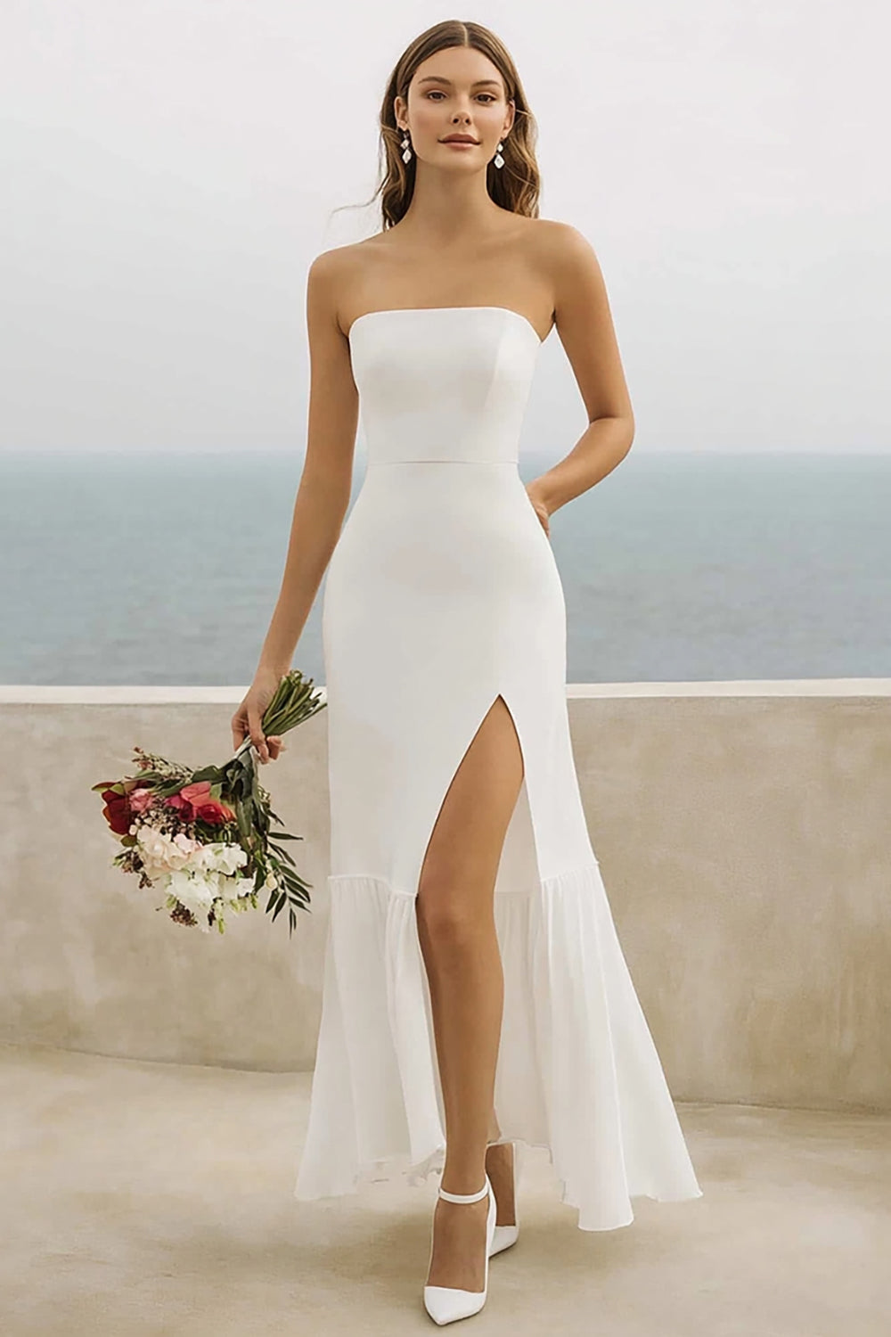 White Sheath Strapless Engagement Dress With Slit