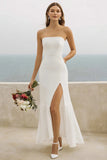 White Sheath Strapless Engagement Dress With Slit
