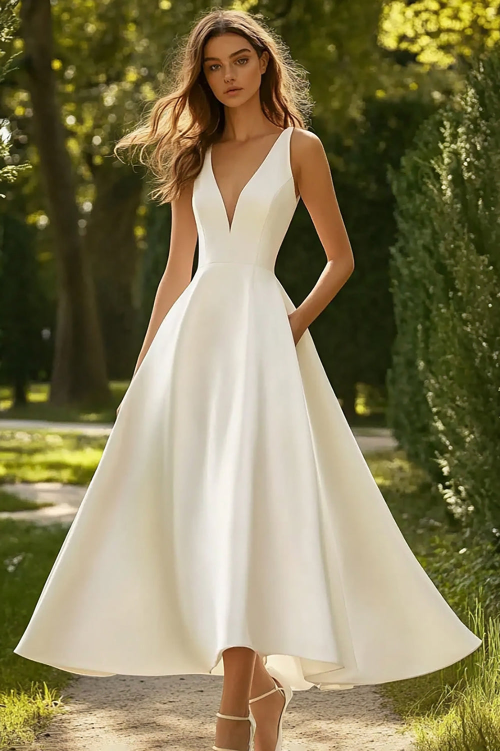 White V Neck A Line Satin Formal Dress