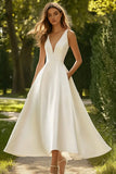 White V Neck A Line Satin Formal Dress