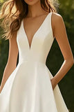 White V Neck A Line Satin Formal Dress
