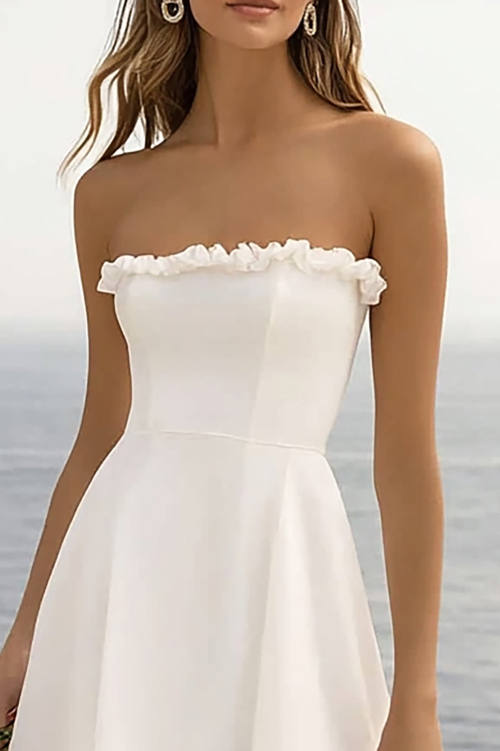 White Strapless Asymmetrical Holiday Party Dress With Ruffles