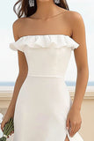 Ruffled Strapless White Graduation Dress With Slit