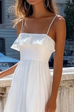 White Spaghetti Straps A Line Long Holiday Party Dress With Ruffles