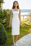 White Square Neck Sheath Satin Graduation Dress