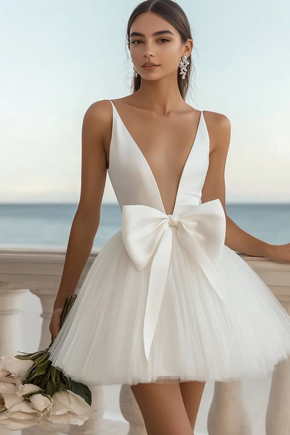 Tulle A Line V Neck Little White Dress With Bow