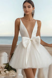 Tulle A Line V Neck Little White Dress With Bow
