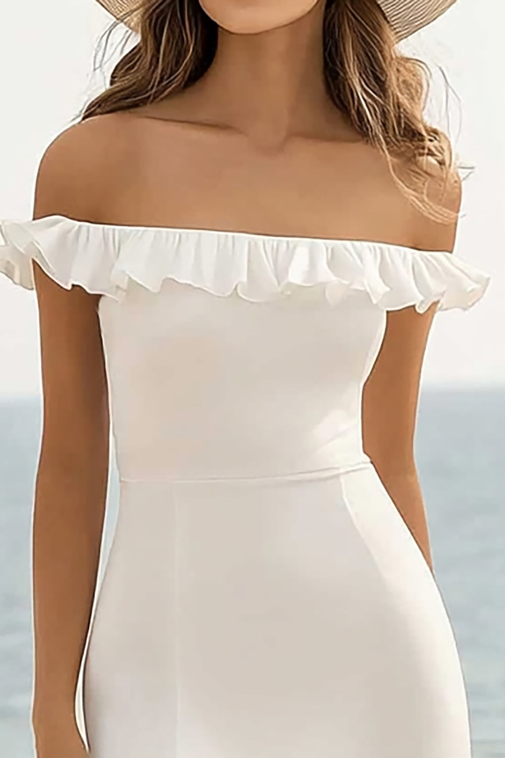 Off The Shoulder White Ruffled Holiday Party Dress With Slit