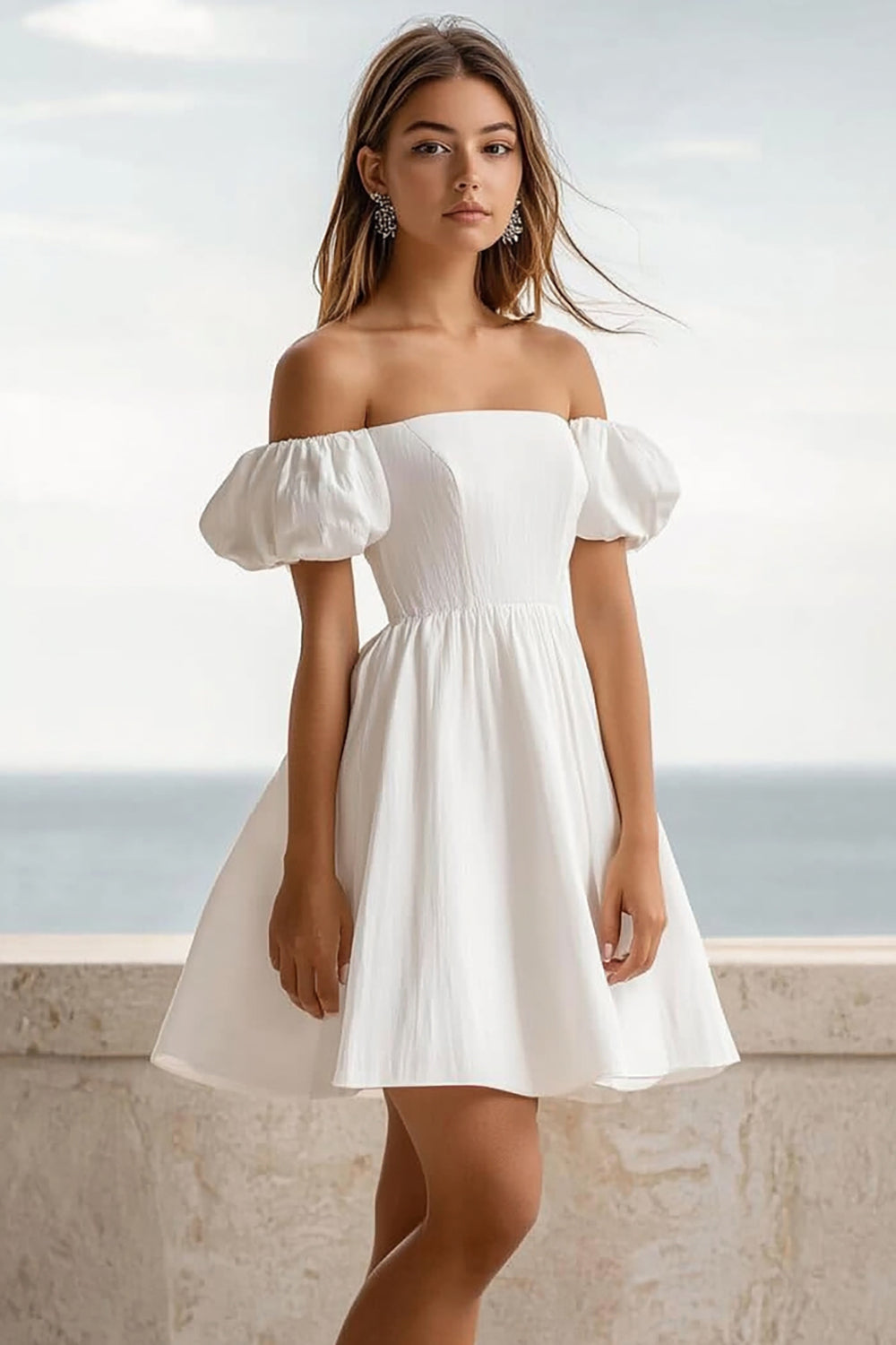 White Off The Shoulder Puff Sleeve Mini Graduation Dress