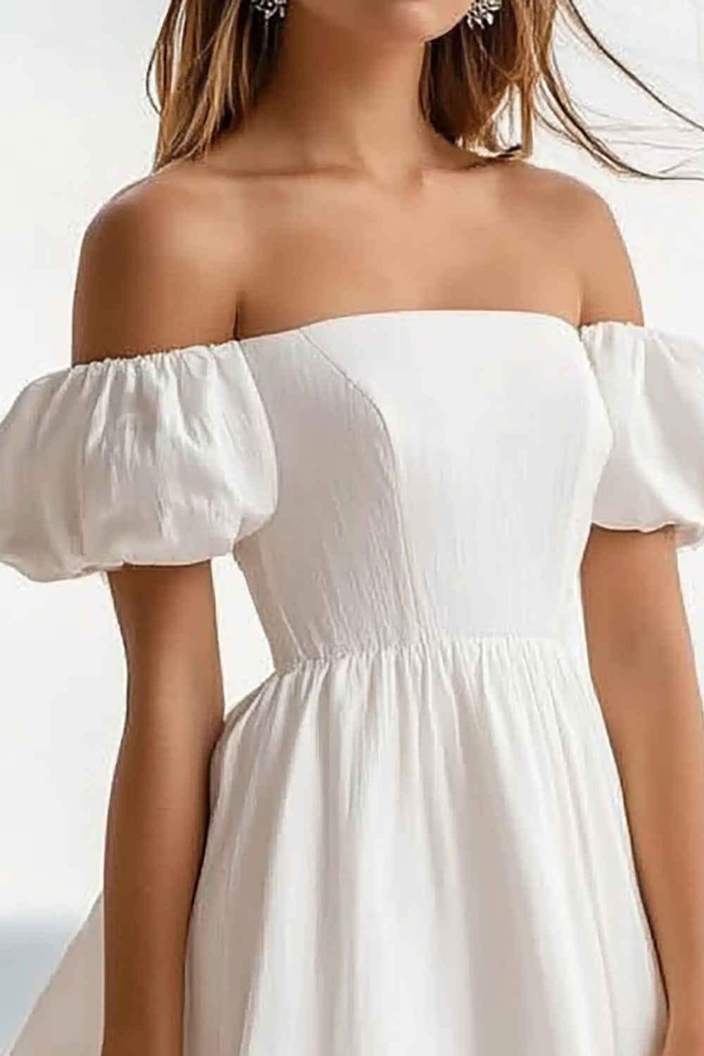 White Off The Shoulder Puff Sleeve Mini Graduation Dress