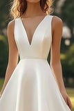 Simple Satin White A Line Midi Graduation Dress