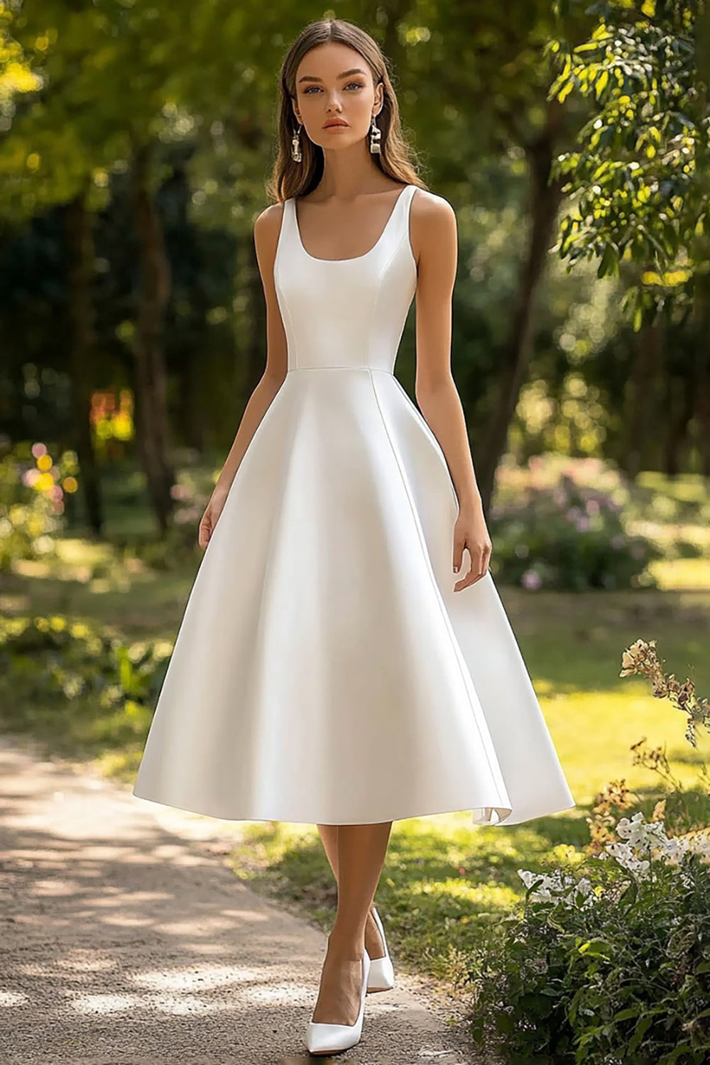 White Satin A Line Midi Graduation Dress