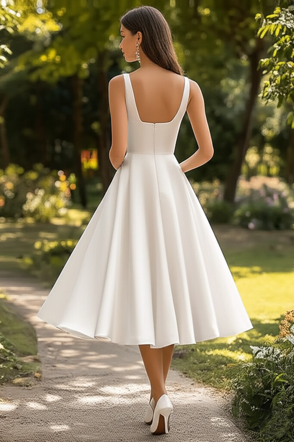 White Satin A Line Midi Graduation Dress