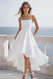 Ruffled High Low A Line White Graduation Dress