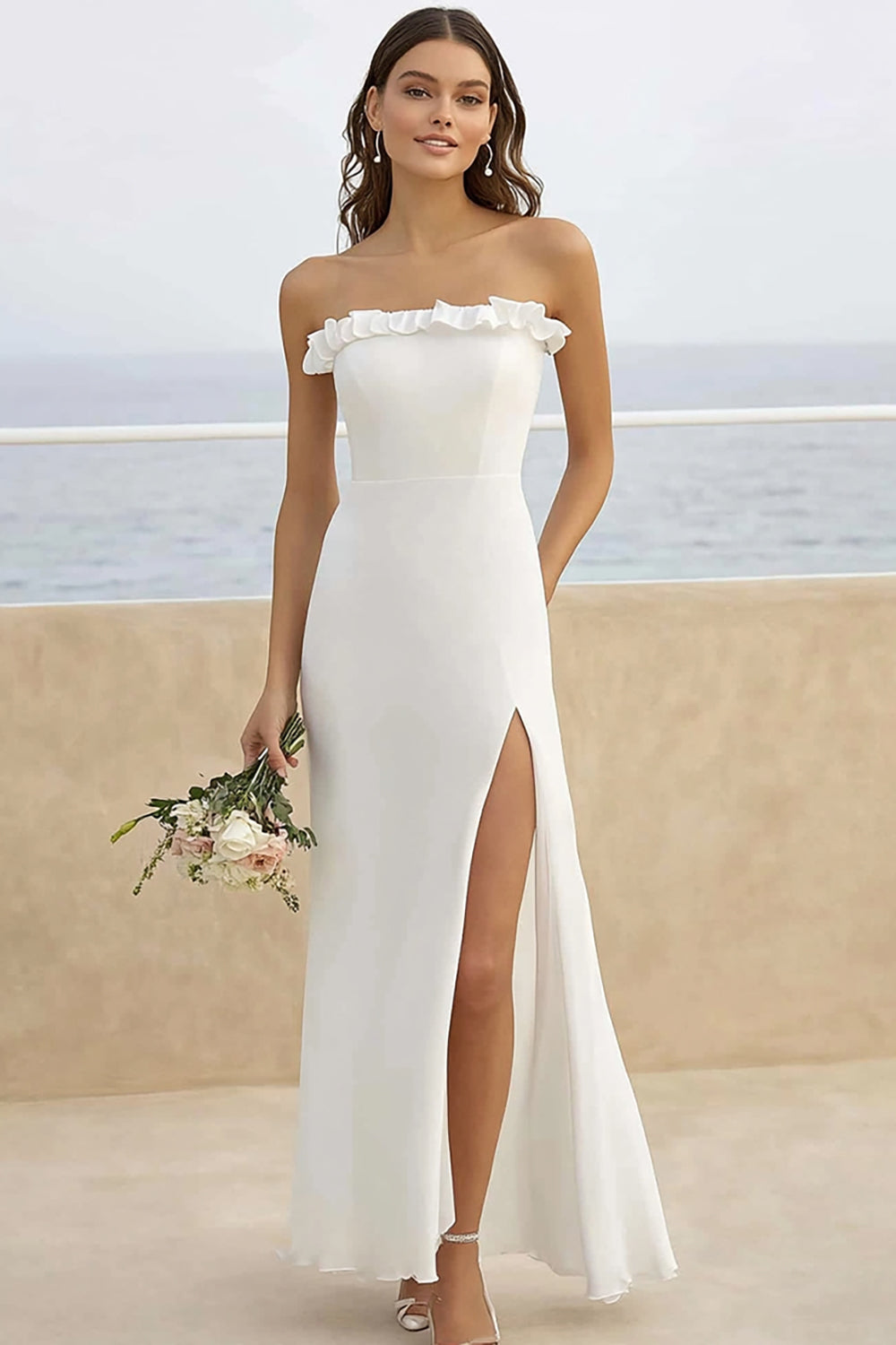 Strapless Sheath White Ruffled Beach Wedding Dress With Slit