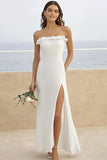 Strapless Sheath White Ruffled Beach Wedding Dress With Slit