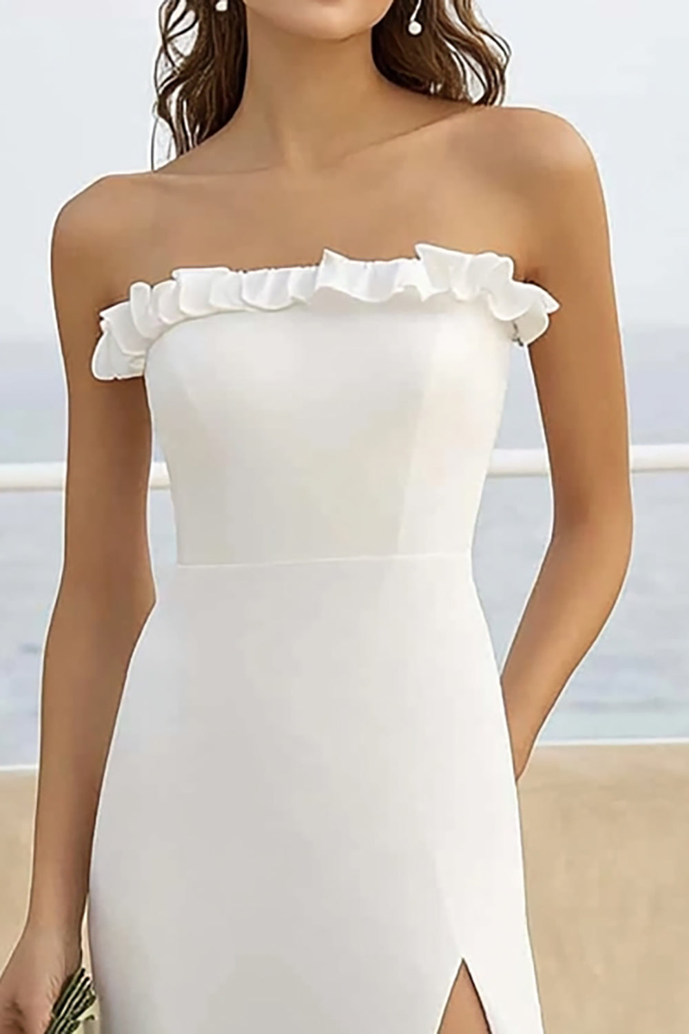 Strapless Sheath White Ruffled Beach Wedding Dress With Slit