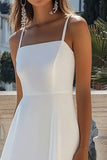 Simple A Line Spaghetti Straps White Midi Graduation Dress