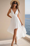 Ruffled White V Neck Asymmetrical Holiday Party Dress