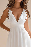 Ruffled White V Neck Asymmetrical Holiday Party Dress