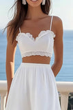 White Two Piece A Line Graduation Dress With Ruffles
