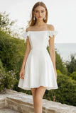 Off The Shoulder A Line Satin Ruffled White Graduation Dress